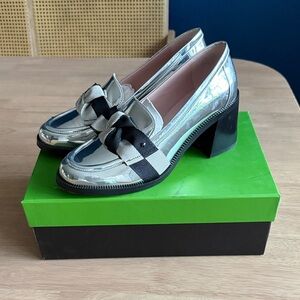 kate spade Silver Metallic Patent Block Heel Loafers with Bow